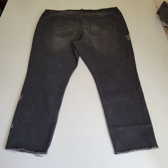 NEW 24 W boho butterfly rhinestone pearl distressed raw black stretch jeans NWT - Picture 13 of 16